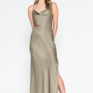 OLIVE GREEN  SIMPLE SATIN PARTY BRIDSMAIDS EVENING MIDI SHEATH GOWN Dress 6115